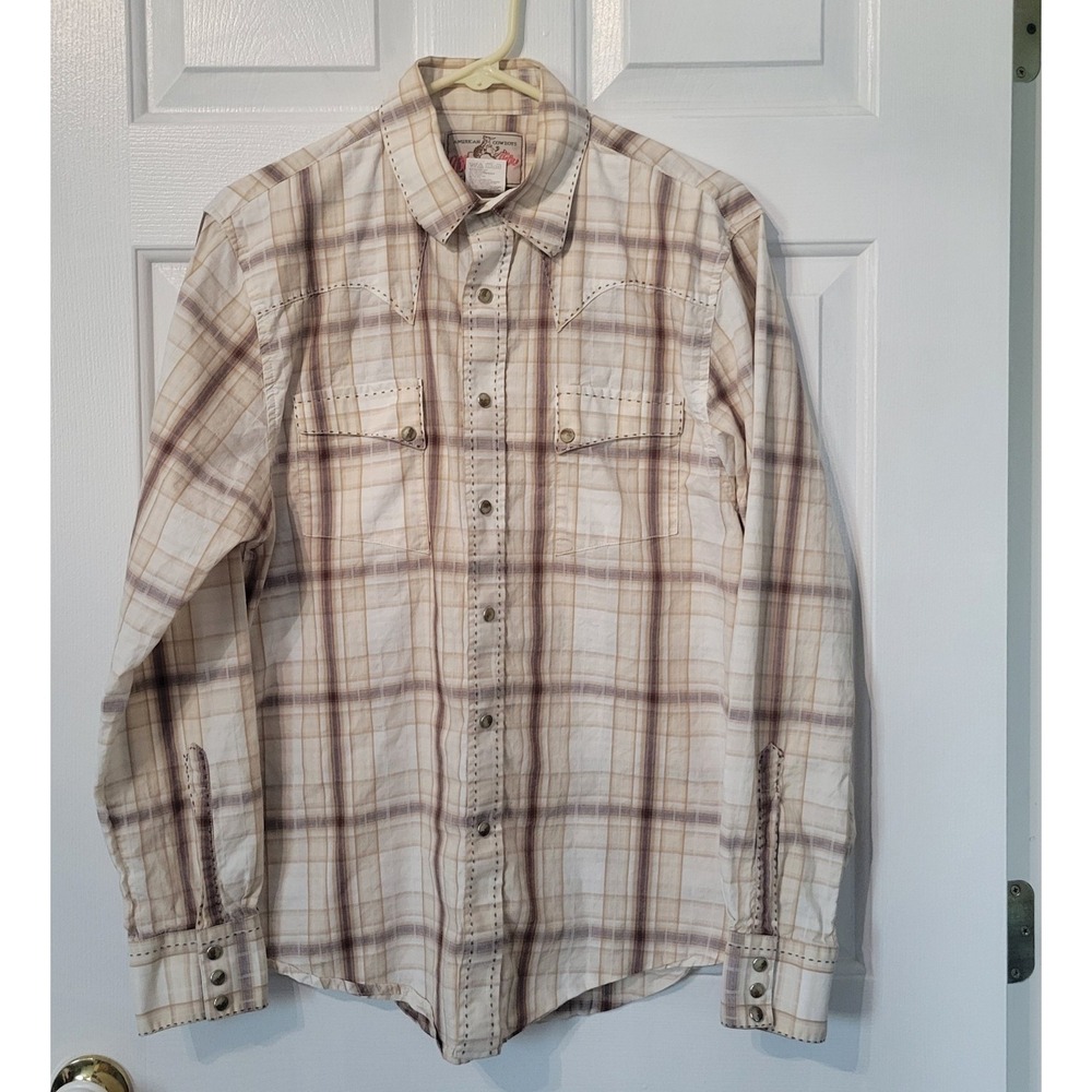 Vintage‎ Wrangler Western Shirt Brown Plaid Pearl Snap Slant Pockets Size Medium